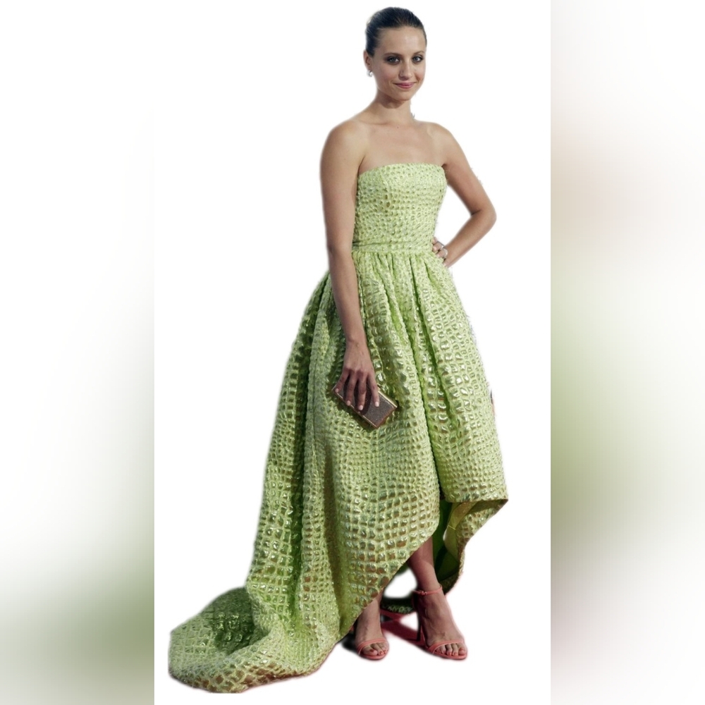 $7,000 OSCAR DE LA RENTA LIGHT GREEN HI LOW STRAPLESS TRAIN SILK GOWN US L - Picture 6 of 16